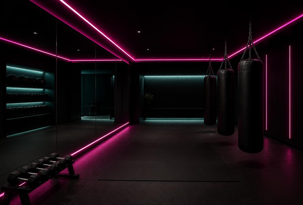 Fierce Factory Fitnessi treeningruum Vinnis — poksikotid neoonvalguses